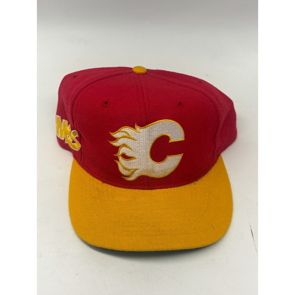 Vintage Calgary Flames CCM American Needle NHL Snapback Hat Red Yellow 90s